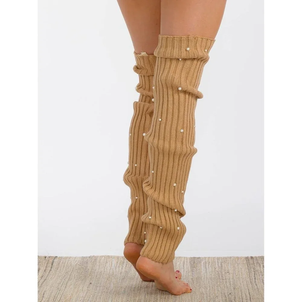 Women's Pearl Detailed Ribbed Knit Leg Warmers Color Beige One size